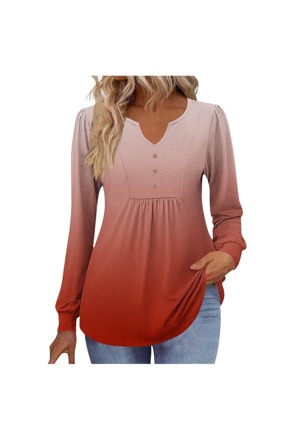 Womens Notch V Neck T Shirts, Long Sleeve Shirts for Women Fall Fashion Loose Fit Ombre Tie Dye Pleated Button Up Dressy Blouses Tunic Tops