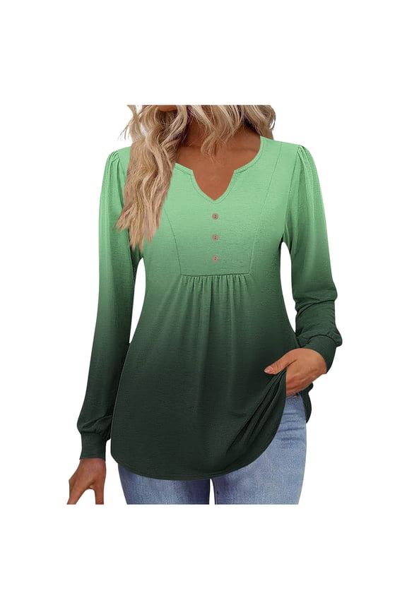 Womens Notch V Neck T Shirts, Long Sleeve Shirts for Women Fall Fashion Loose Fit Ombre Tie Dye Pleated Button Up Dressy Blouses Tunic Tops