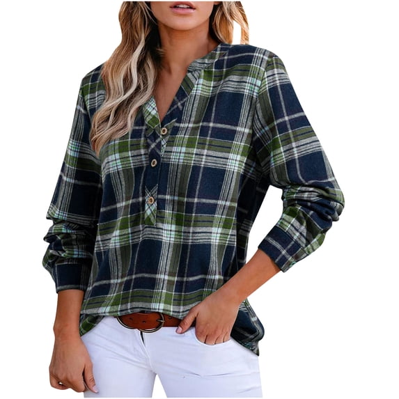 Womens Notch V Neck T-Shirts, Long Sleeve Shirts for Women Fall Fashion Plaid Printed Button Up Dressy Blouses