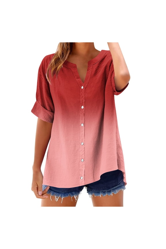 Womens Notch V Neck T-Shirts, Short Sleeve Shirts for Women Summer Fashion Ombre Tie Dye Button Down Dressy Blouses