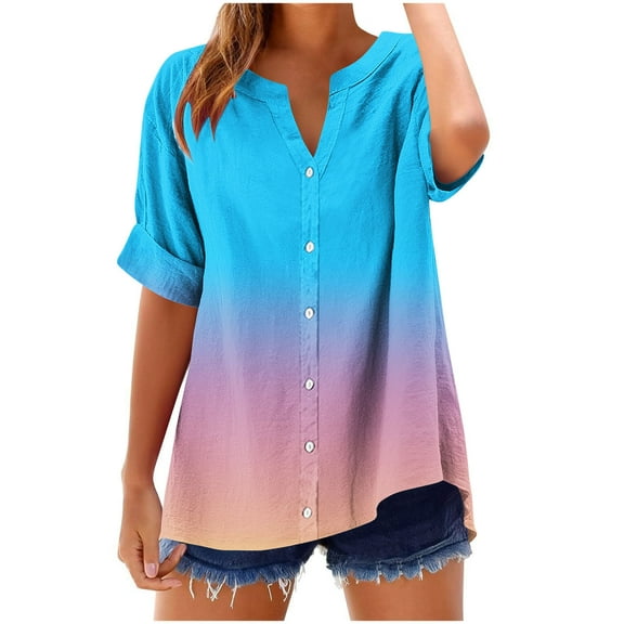 Womens Notch V Neck T-Shirts, Short Sleeve Shirts for Women Summer Fashion Ombre Tie Dye Button Down Dressy Blouses