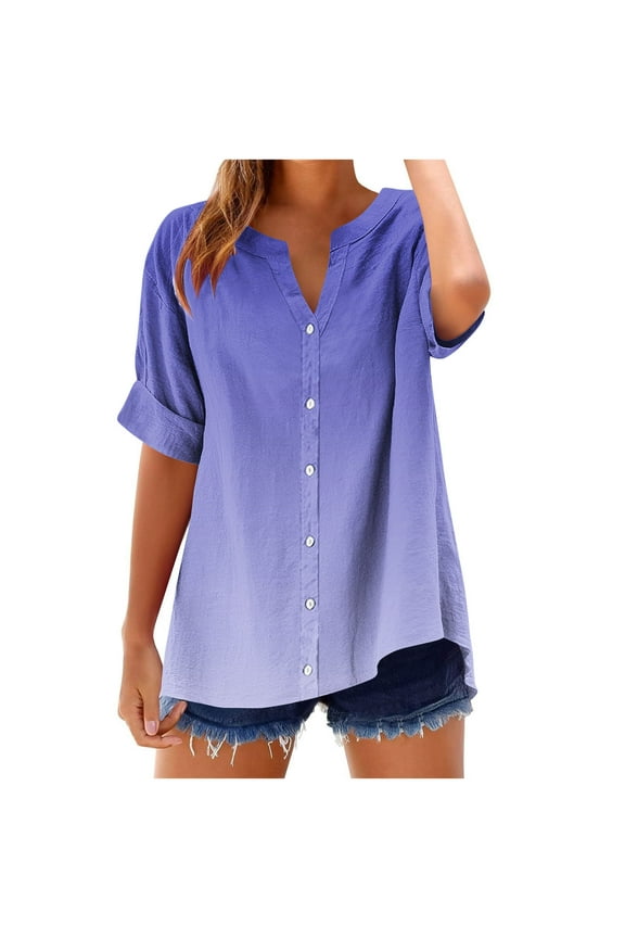 Womens Notch V Neck T-Shirts, Short Sleeve Shirts for Women Summer Fashion Ombre Tie Dye Button Down Dressy Blouses