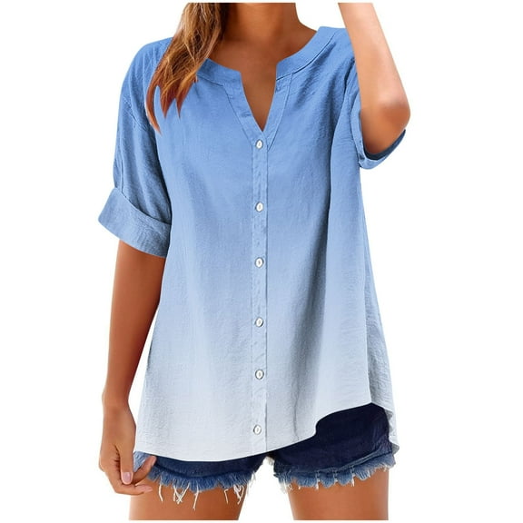 Womens Notch V Neck T-Shirts, Short Sleeve Shirts for Women Summer Fashion Ombre Tie Dye Button Down Dressy Blouses