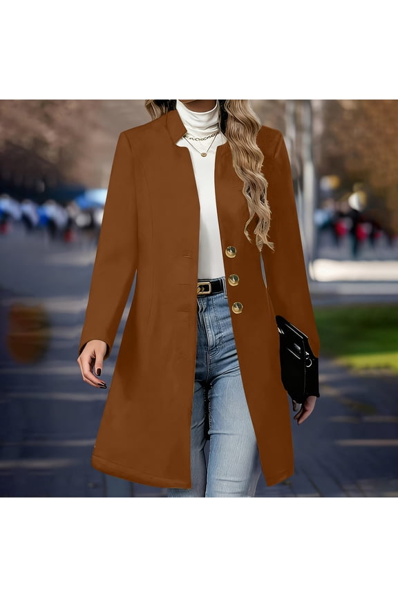 Womens Notched Lapel Collar Double Breasted Pea Coat Winter Wool Blend Over Coats Long Jackets Brown S