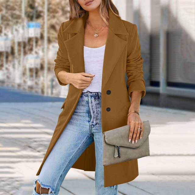 Womens Notched Lapel Collar Double Breasted Pea Coat Winter Wool Blend Over Coats Long Jackets Camel M
