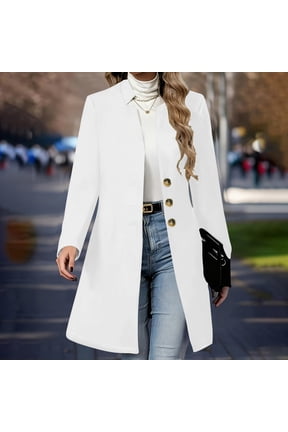 Womens Notched Lapel Collar Double Breasted Pea Coat Winter Wool Blend Over Coats Long Jackets White M