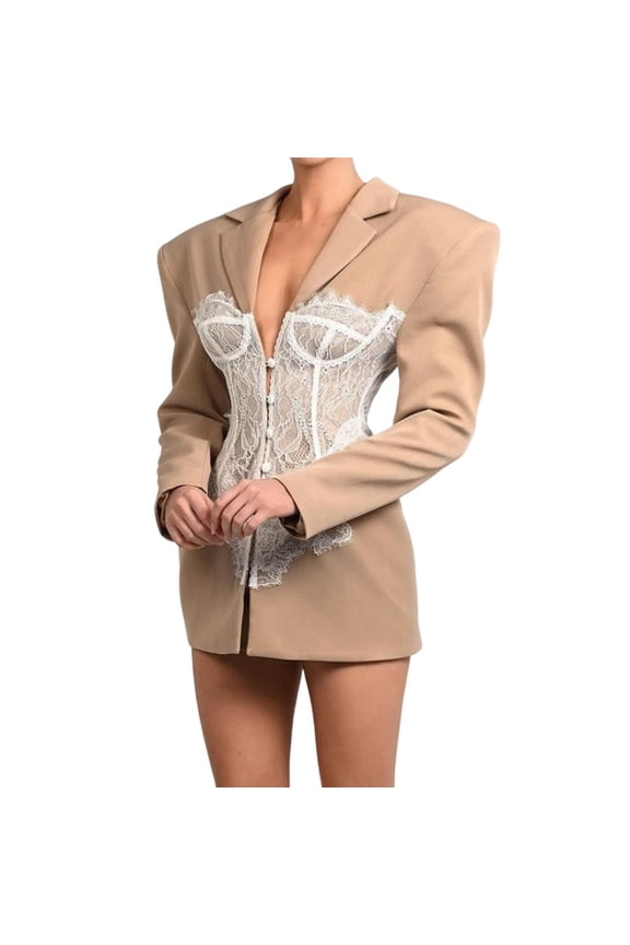 Womens Notched Lapel Pockets Blazer Jacket Suit T4285 Khaki S