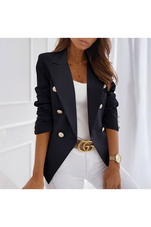 Womens Notched Lapel Pockets Button Work Office Blazer Jacket Suit Black XXL