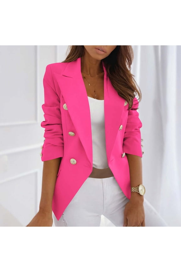 Womens Notched Lapel Pockets Button Work Office Blazer Jacket Suit Hot Pink M