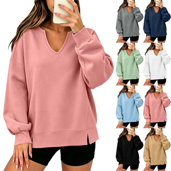 Womens Notched V Neck Sweatshirts Oversized Drop Shoulder Long Sleeve Pullover Top With Side Split Hem Everyday Loungewear.