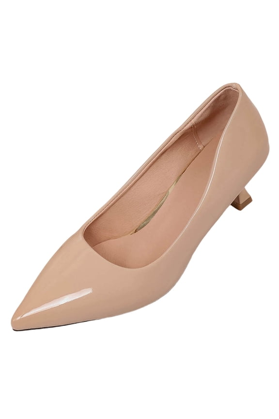 Womens Nude Pointed Toe Pumps Block Heels 2.5 Inch Comfortable Work Heels Glossy Synthetic Office Wedding Dress Shoes,Size 5.5
