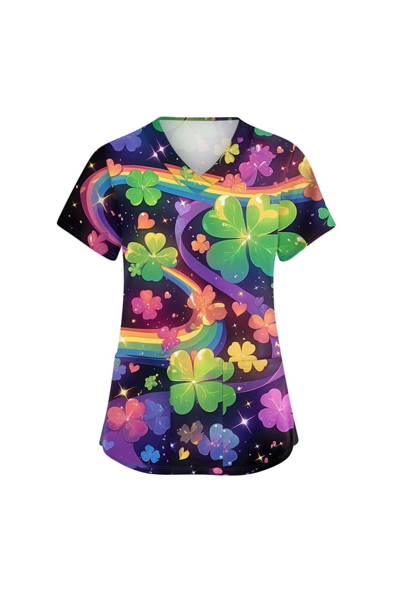 Womens Nurse Uniforms Irish Lucky Clover V Neck Scrubs Top St. Patrick's Day Short Sleeve Soft Stretch Holiday Blouse T-Shirt