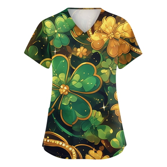 Womens Nurse Uniforms Irish Lucky Clover V Neck Scrubs Top St. Patrick's Day Short Sleeve Soft Stretch Holiday Blouse T-Shirt