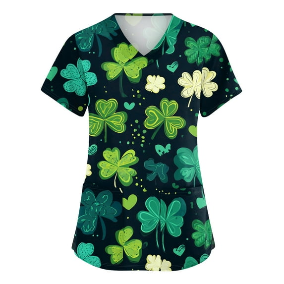 Womens Nurse Uniforms Irish Shamrock Printed V Neck Scrubs Top St. Patrick's Day Short Sleeve Soft Stretch Festival Scrub Shirts