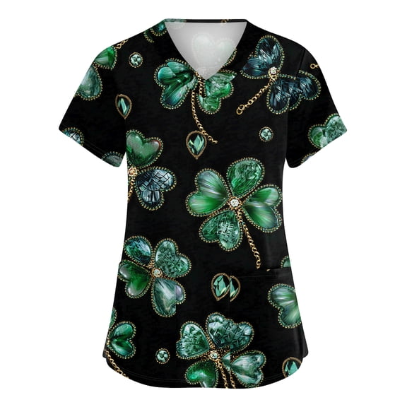 Womens Nurse Uniforms Irish Shamrock Printed V Neck Scrubs Top St. Patrick's Day Summer Short Sleeve Festival Scrub Shirts