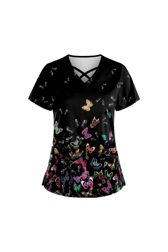 Print Scrub Tops Women Breathable Printed V Neck Plus Size T-Shirts Short Sleeve Professionals Soft Stretch Workwear Shirt with Pockets black 5X-Large