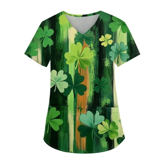 Womens Nurse Uniforms Summer Irish Shamrock Printed V-Neck Breathable Scrub Tops Short Sleeve Professionals Soft Stretch St. Patrick's Day T-Shirts with Pockets (Mint green)