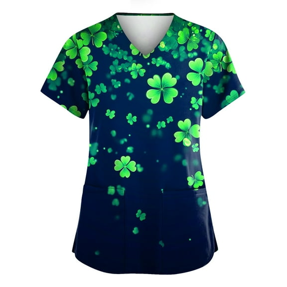 Womens Nurse Uniforms Summer Irish Shamrock Printed V Neck Breathable Scrub Tops Short Sleeve Professionals Soft Stretch St. Patrick's Day Workwear Shirt with Pockets mint green 3X-Large