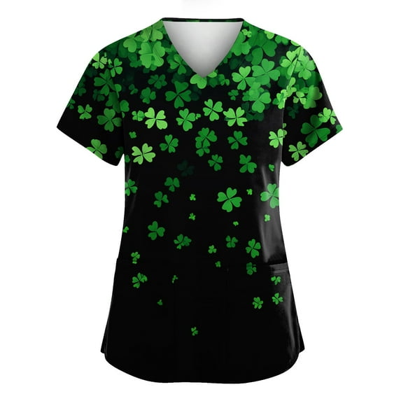 Womens Nurse Uniforms Summer Irish Shamrock Printed V-Neck Breathable Workwear Shirt Short Sleeve Professionals Soft Stretch St. Patrick's Day T-Shirts with Pockets dark green Large