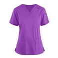 thumbnail image 1 of Womens Nurse Uniforms Summer Solid Color V-Neck Plus Size Workwear Shirt Short Sleeve Loose Fit T-Shirts with Pockets (Purple), 1 of 4