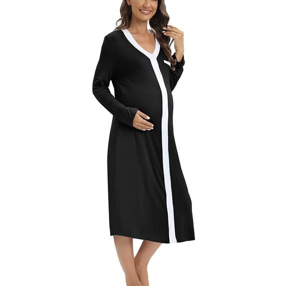 Womens Nursing Gown Nightgown Maternity Nursing Dress 3 in 1 Delivery/Labor/Nursing Breastfeeding Birthing Long Sleeve Gown Nightgown with Button,Black S-2XL
