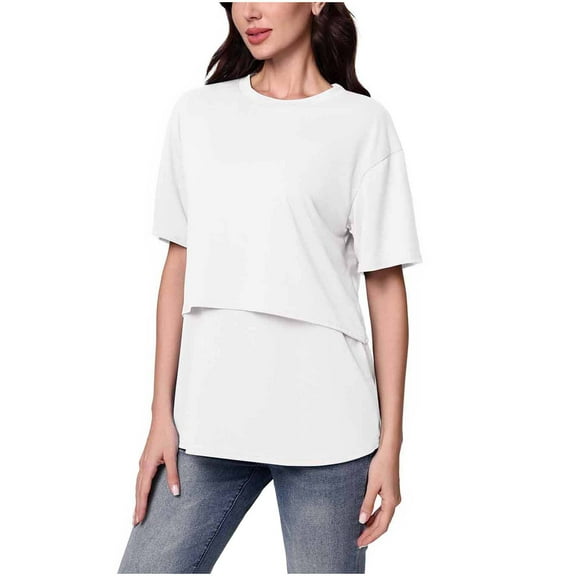 Womens Nursing Tops Cotton Short Sleeve Breastfeeding Tunic T Shirts Double Layer Maternity Pregnancy Clothes (M, White)