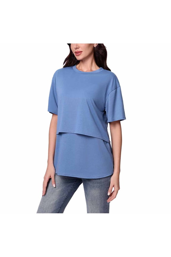 Womens Nursing Tops Cotton Short Sleeve Breastfeeding Tunic T Shirts Double Layer Maternity Pregnancy Clothes (S, Blue)