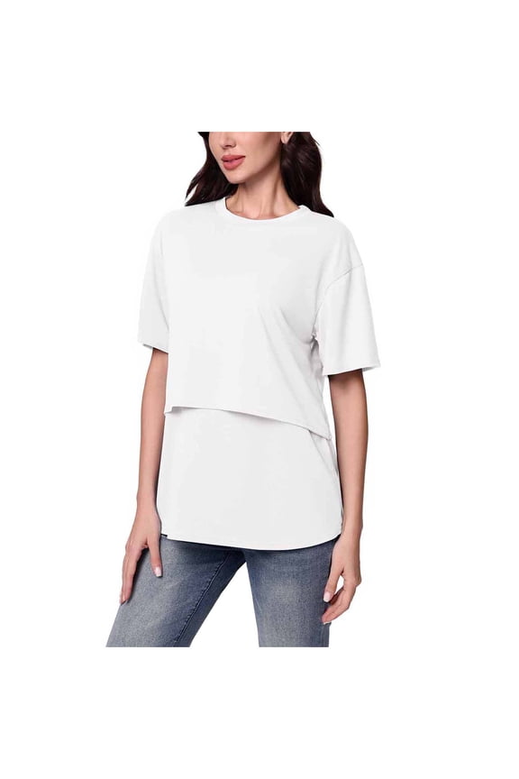 Womens Nursing Tops Cotton Short Sleeve Breastfeeding Tunic T Shirts Double Layer Maternity Pregnancy Clothes (S, White)