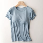 BRGZLK Womens Nursing Tops Short Sleeve Breastfeeding Shirts Double Layer Postpartum Shirt Solid Color Short Sleeve Breast Feeding Pregnant Nursing Women Blouse T-Shirt Blue XXXL