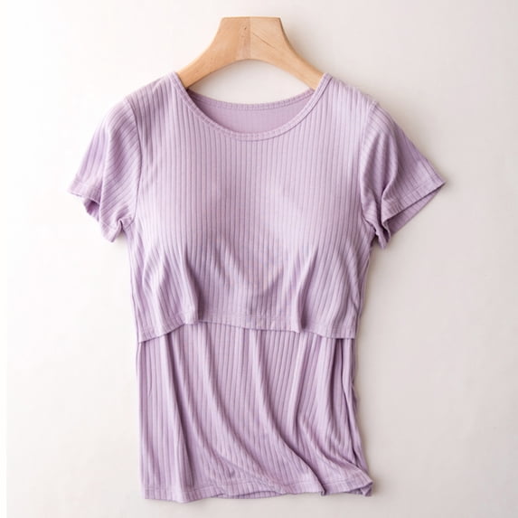 Womens Nursing Tops Short Sleeve Breastfeeding Shirts Double Layer Postpartum Shirt Solid Color Short Sleeve Breast Feeding Pregnant Nursing Women Blouse T-Shirt Purple L