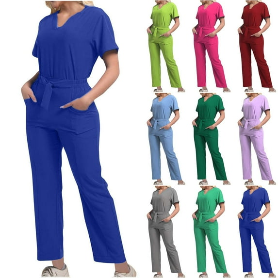 Womens Nursing Uniform Sets Pocket Caregiver Short Sleeve V-Neck Blouses+Drawstring Pants Solid Color Loose Working Set Suit Mint Green M