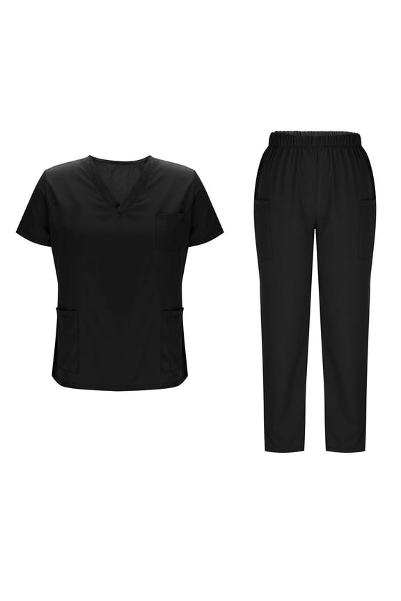 Womens Nursing Uniform Sets Solid Color Loose Drawstring Pants+Pocket Caregiver Short Sleeve V-Neck Blouses Working Set Suit Black S