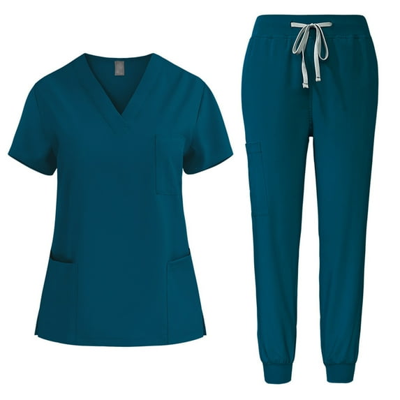 Womens Nursing Uniform Sets Solid Color Loose Drawstring Pants Pocket Caregiver V-Neck Blouses Nursing Uniform Set Dark Blue M