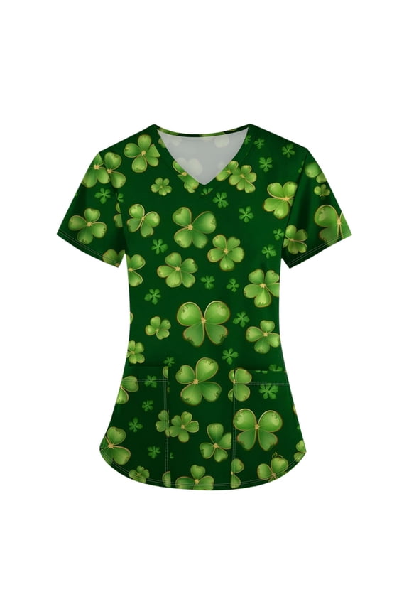 Womens Nursing Uniform Tops St Patricks Day Short Sleeve V Neck Shamrock Print Scrubs Casual Workwear Shirt with Pockets 2026 Green M