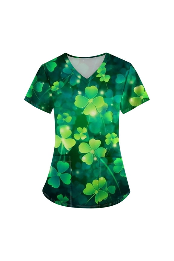 Womens Nursing Uniform Tops St Patricks Day Short Sleeve V Neck Shamrock Print Scrubs Casual Workwear Shirt with Pockets 2026 Turquoise 3XL