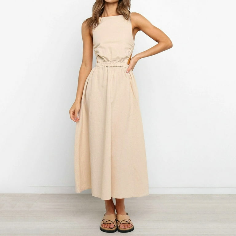 Womens O Neck Backless Solid Color Split Maxi Party Dress Summer Maxi Dresses for Women Cotton Womens Dresses with Short Sleeves Mini Dresses for