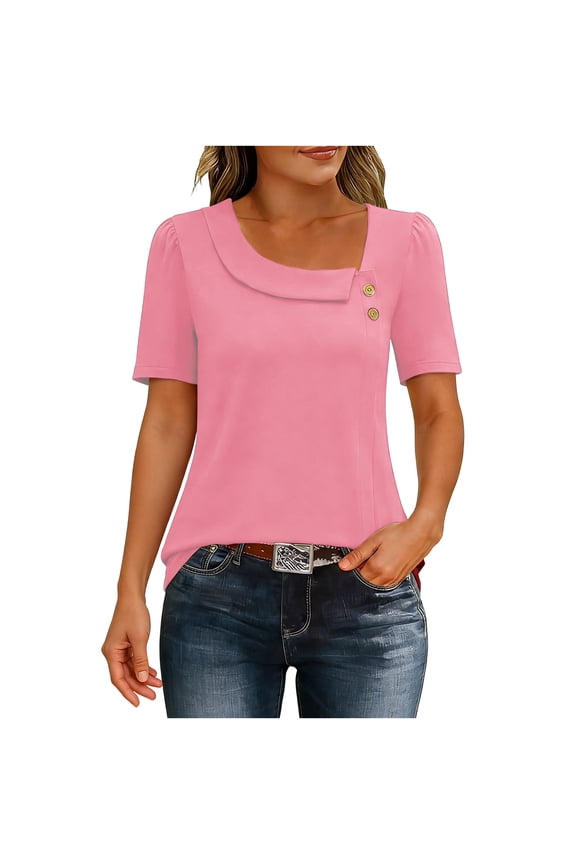Womens Oblique V Neck T-Shirts, Summer Tops for Women Summer Casual Loose Fit Solid Color Short Sleeve Shirts with Buttons Mothers&nbsp;Day&nbsp;Gifts