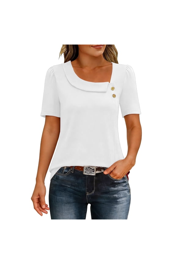 Womens Oblique V Neck T-Shirts, Summer Tops for Women Summer Casual Loose Fit Solid Color Short Sleeve Shirts with Buttons