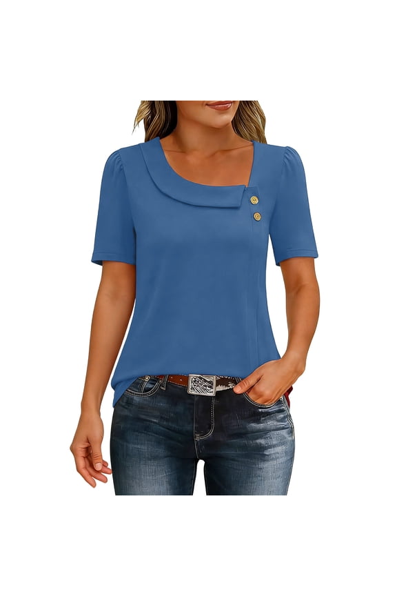 Womens Oblique V Neck T-Shirts, Summer Tops for Women Summer Casual Loose Fit Solid Color Short Sleeve Shirts with Buttons