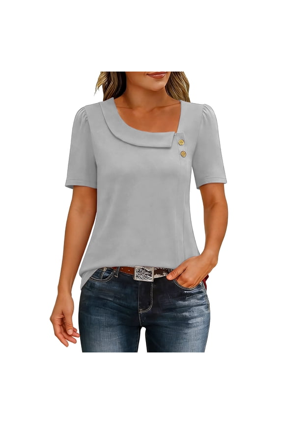 Womens Oblique V Neck T-Shirts, Summer Tops for Women Summer Casual Loose Fit Solid Color Short Sleeve Shirts with Buttons