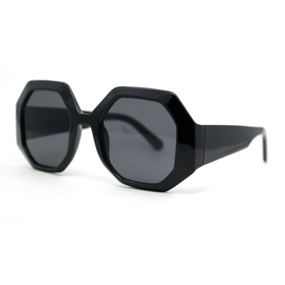 Womens Octagonal Retro Beveled Thick Rim Chic Mod Sunglasses All Black