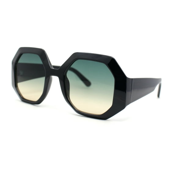 Womens Octagonal Retro Beveled Thick Rim Chic Mod Sunglasses Black - Green Yellow