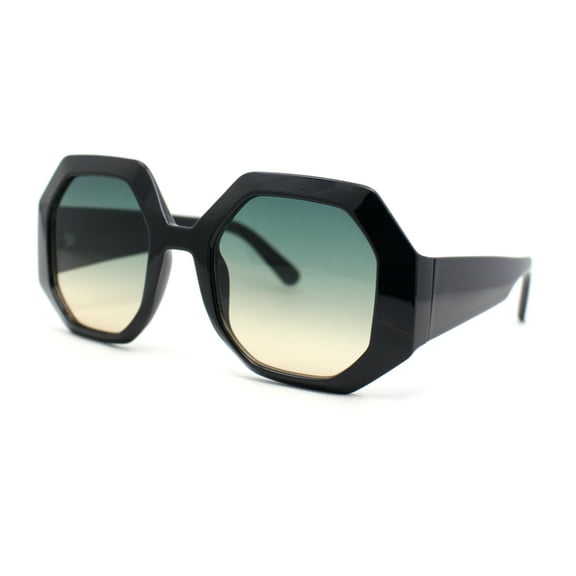 Womens Octagonal Retro Beveled Thick Rim Chic Mod Sunglasses Black - Green Yellow