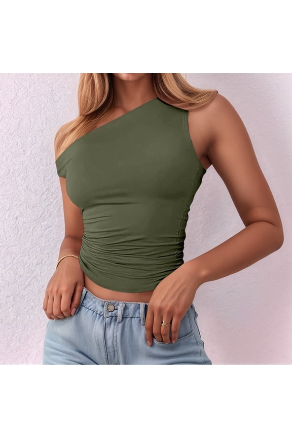 Womens Off One Shoulder Tops Summer Ribbed Knit Tank Tops Trendy Casual Loose Fit Sleeveless Tee Shirts