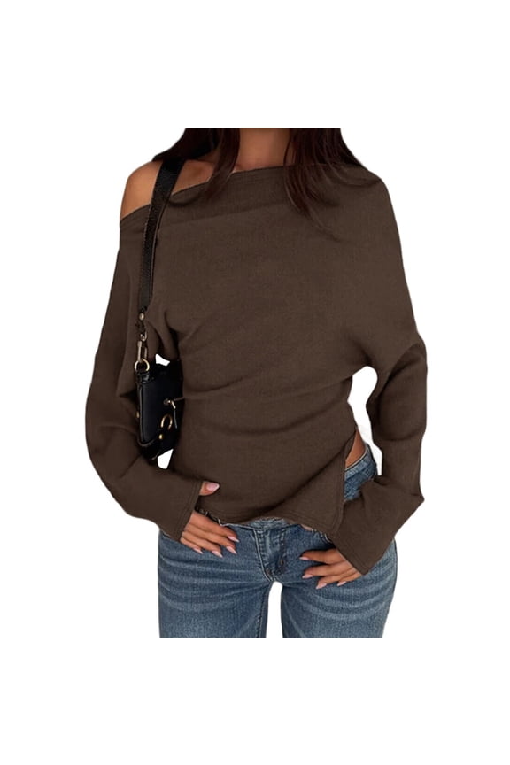Womens Off Shoulder Blouses Long Sleeve Shirts Asymmetrical Side Split Ruched Y2k Going Out Tops Dark Brown L