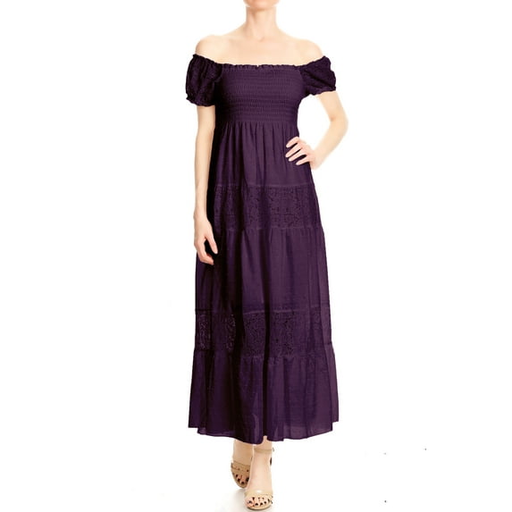 Womens Off Shoulder Boho Lace Semi Sheer Smocked Party Maxi Long Dress