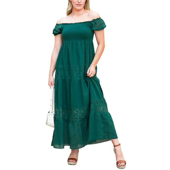 Womens Off Shoulder Boho Lace Semi Sheer Smocked Party Maxi Long Dress