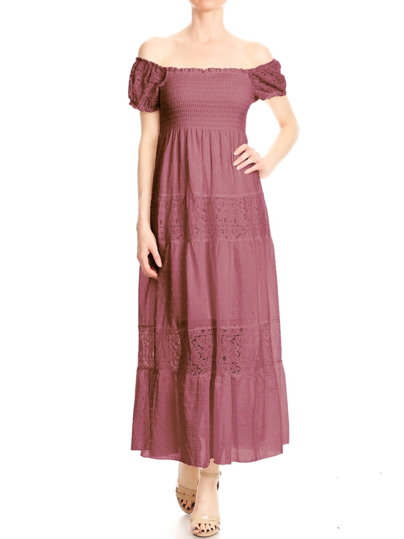 Anna-Kaci Off Shoulder Lace Maxi Dress - Pink - S