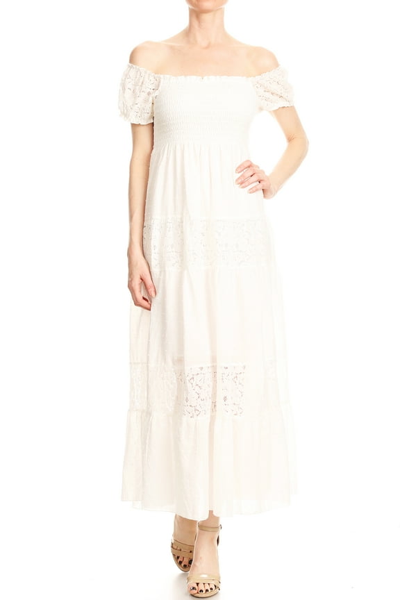 Womens Off Shoulder Boho Lace Semi Sheer Smocked Party Maxi Long Dress