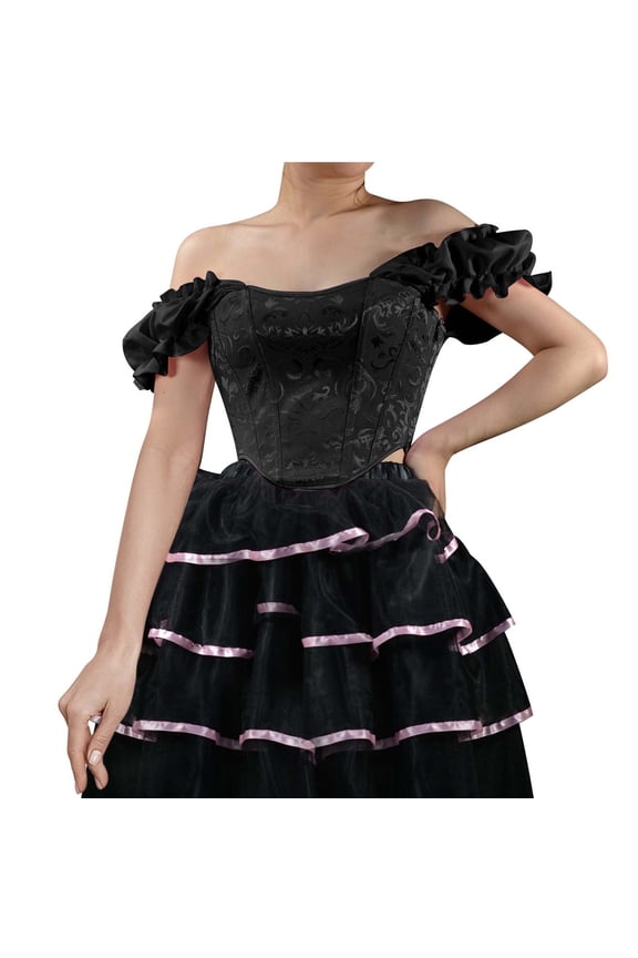 Womens Off Shoulder Corset Tops Ruffle Boned Vintage Corsets Bustier Lace Up Renaissance Overbust Waist Trainer Black, XL